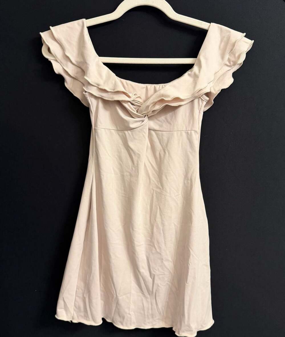 Ruffle Off Shoulder Mini Dress Beige #0739